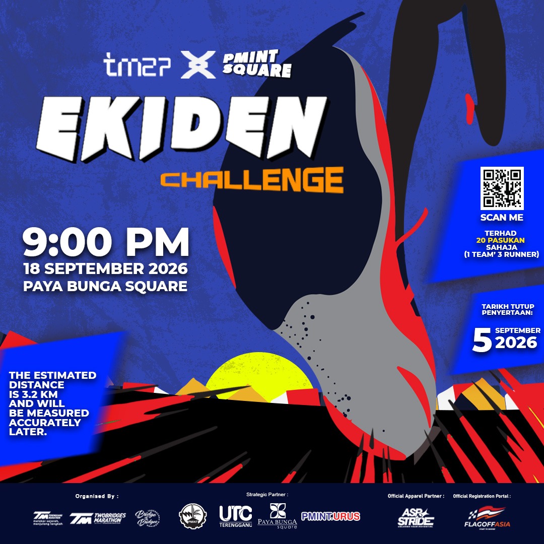 Poster rasmi TM27 X PMINT Square Ekiden Challenge, Flag Off 9:00 PM pada 18 September 2026 di Paya Bunga Square, Kuala Terengganu